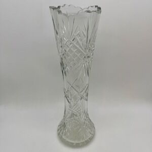 Unbranded Cut Crystal Trumpet Large Vase Diamond Starburst Pattern Clear Glass